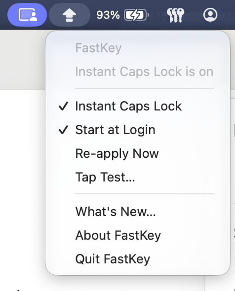 FastKey’s real menu, with Instant Caps Lock and Start at Login enabled, plus Re-apply Now and Tap Test.